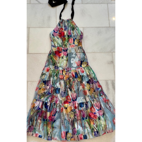 MILLY Hayden Metallic Tulip Halter Dress | Blue Multi | Size 4 - Picture 3 of 6